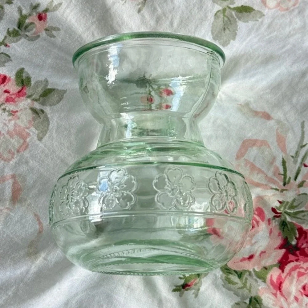 Vintage Green Glass Hyacinth Bulb Forcing Vase Embossed Floral Cottagecore Motif